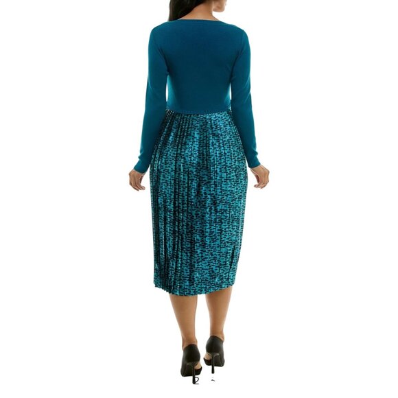 Nina Leonard Womens Long Sleeve Mixed Media Dress Teal Multi Size Small - Picture 15 of 15